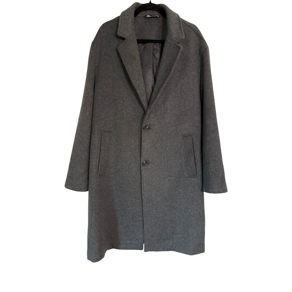 Zara Wool Blend Long Coat Gray Single Breasted Classic Overcoat Size L NWT